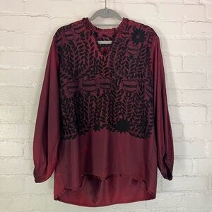 Vintage 50s Mexican Black Embroidered Blouse Burgundy Red Satin Blend Women's M